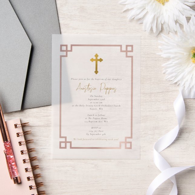 Pink Key Greek Orthodox Christening Girl Baptism  Vellum Invitations (Wedding)