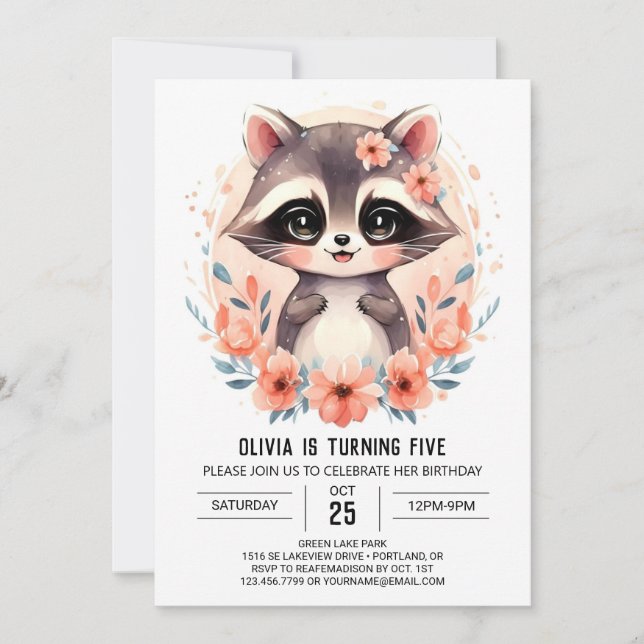  Pink Kids' Racoon Girl Birthday Invitation (Front)