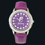Pink kid's watch with girl's name and love hearts<br><div class="desc">Super cute kid's watch with girl's name and little love hearts. Personalised wrist watches for small children. Elegant Holiday or Birthday gift idea for adorable daughter, granddaughter, stepdaughter, godchild, niece, friend, sister, grandchild, cousin, kindergarten class mate etc. Pretty red and white love icon design with unique monogram letter and name...</div>