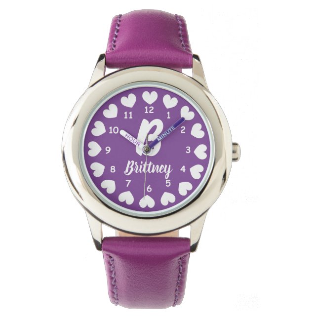Pink kid's watch with girl's name and love hearts (Front)