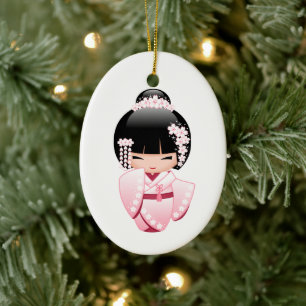 Pink Kimono Kawaii Kokeshi Doll Ceramic Ornament