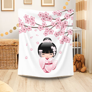 Pink Kimono Kawaii Kokeshi Doll Fleece Blanket