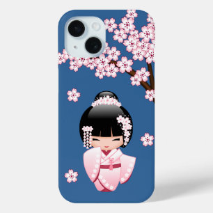 Pink Kimono Kawaii Kokeshi Doll on Blue iPhone 15 Case
