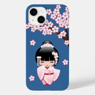 Pink Kimono Kawaii Kokeshi Doll on Blue Case-Mate iPhone 14 Case