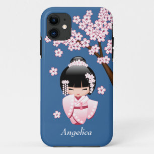 Pink Kimono Kawaii Kokeshi Doll on Blue iPhone 11 Case