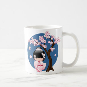 Pink Kimono Kawaii Kokeshi Doll on Blue Coffee Mug