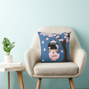 Pink Kimono Kawaii Kokeshi Doll on Blue Cushion