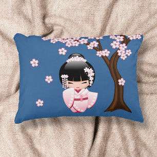 Pink Kimono Kawaii Kokeshi Doll on Blue Decorative Cushion