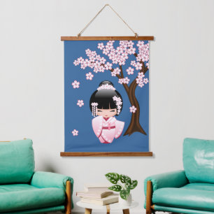 Pink Kimono Kawaii Kokeshi Doll on Blue Hanging Tapestry