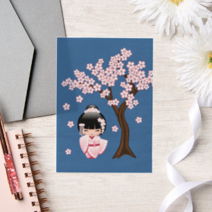 Pink Kimono Kawaii Kokeshi Doll on Blue Insert Vellum Invitations