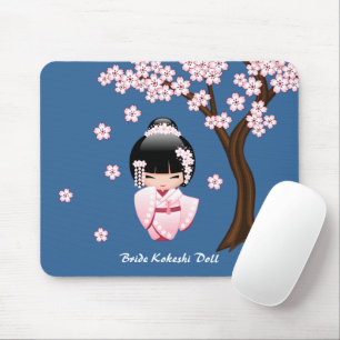 Pink Kimono Kawaii Kokeshi Doll on Blue Mouse Pad