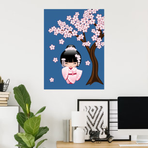 Pink Kimono Kawaii Kokeshi Doll on Blue Poster