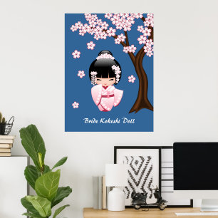 Pink Kimono Kawaii Kokeshi Doll on Blue Poster