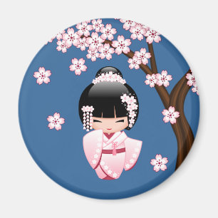 Pink Kimono Kawaii Kokeshi Doll on Blue Round Magnet