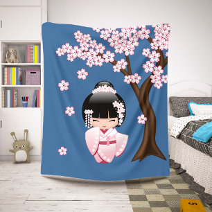 Pink Kimono Kawaii Kokeshi Doll on Blue Sherpa Blanket