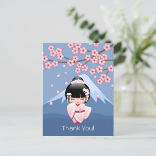Pink Kimono Kawaii Kokeshi Doll on Blue Thank You Postcard
