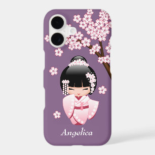 Pink Kimono Kawaii Kokeshi Doll on Purple