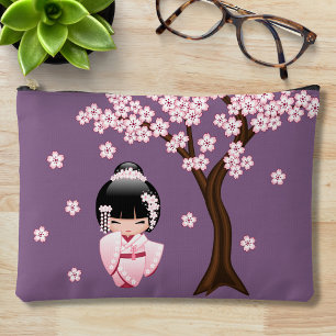 Pink Kimono Kawaii Kokeshi Doll on Purple Accessory Pouch