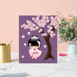 Pink Kimono Kawaii Kokeshi Doll on Purple Acrylic Sign