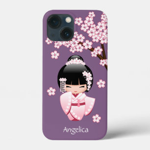 Pink Kimono Kawaii Kokeshi Doll on Purple iPhone 13 Mini Case