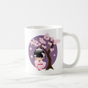 Pink Kimono Kawaii Kokeshi Doll on Purple Coffee Mug