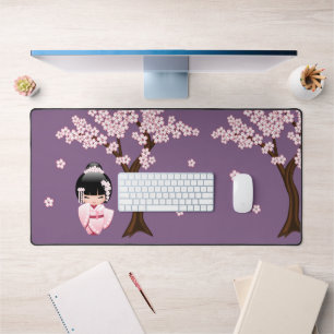 Pink Kimono Kawaii Kokeshi Doll on Purple Desk Mat