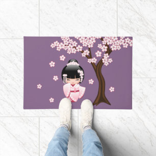 Pink Kimono Kawaii Kokeshi Doll on Purple Doormat
