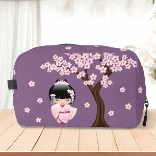 Pink Kimono Kawaii Kokeshi Doll on Purple Dopp Kit