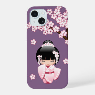 Pink Kimono Kawaii Kokeshi Doll on Purple iPhone 15 Case