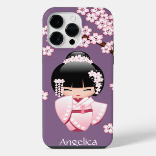 Pink Kimono Kawaii Kokeshi Doll on Purple iPhone 14 Pro Max Case