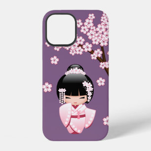 Pink Kimono Kawaii Kokeshi Doll on Purple iPhone 12 Case