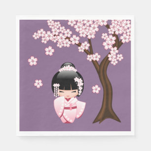 Pink Kimono Kawaii Kokeshi Doll on Purple Napkin