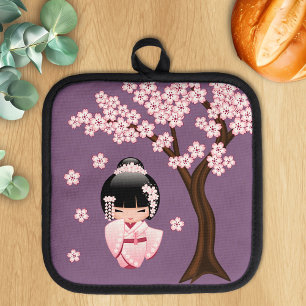 Pink Kimono Kawaii Kokeshi Doll on Purple Pot Holder