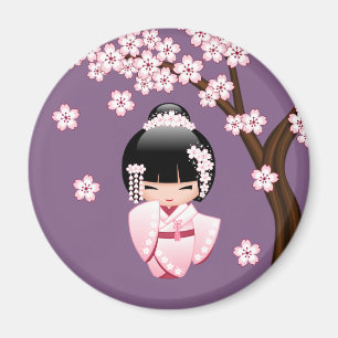 Pink Kimono Kawaii Kokeshi Doll on Purple Round Magnet