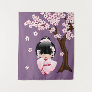 Pink Kimono Kawaii Kokeshi Doll on Purple Tapestry