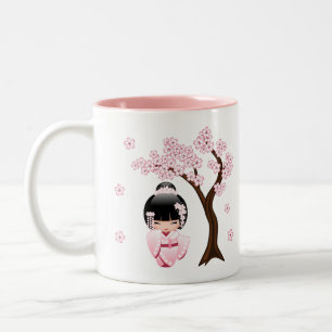 Pink Kimono Kawaii Kokeshi Doll Sakura Two-Tone Coffee Mug