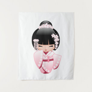 Pink Kimono Kawaii Kokeshi Doll Tapestry
