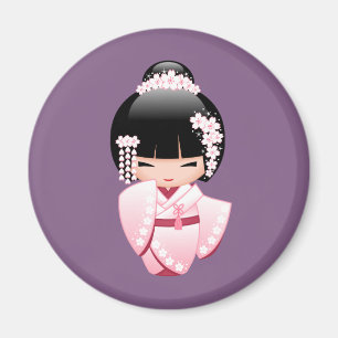 Pink Kimono Kawaii Kokeshi Girl on Purple Round Magnet