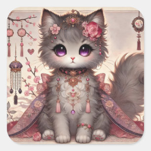 Pink Kimono Princess Cat Square Sticker