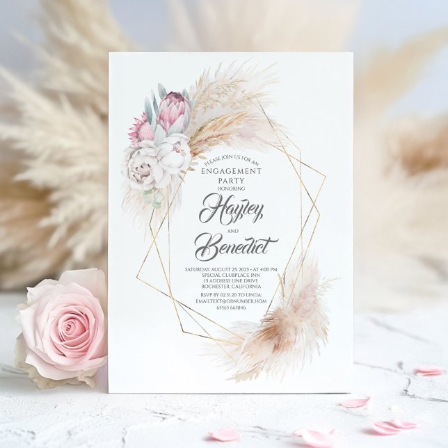 Pink King Protea and Pampas Grass Engagement Party Invitation (Boho Floral Engagement Invitation)