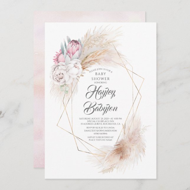 Pink King Protea Pampas Grass Floral Baby Shower Invitation (Front/Back)
