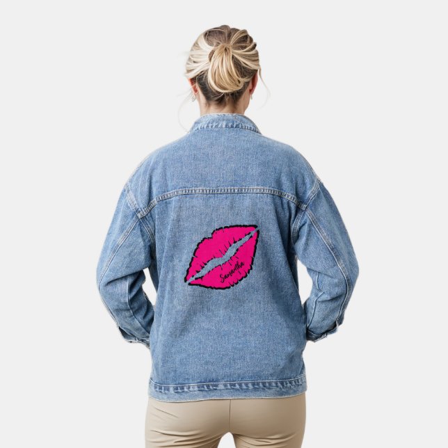 Pink Kiss Lips Personalised Denim Jacket (Model)