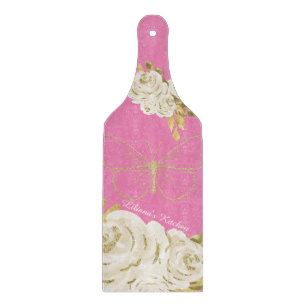 Pink Kitchen Floral Watercolor Flowers Butterfly Cutting Board