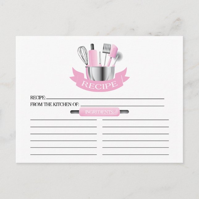 Pink Kitchen Tools Bridal Shower Recipe Cards (Front)