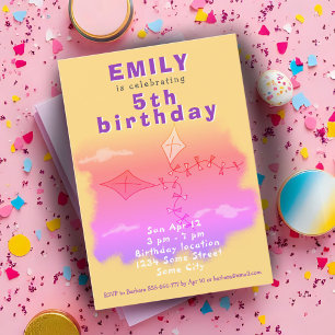 Pink Kites Drawing Kids Birthday Party Invitation