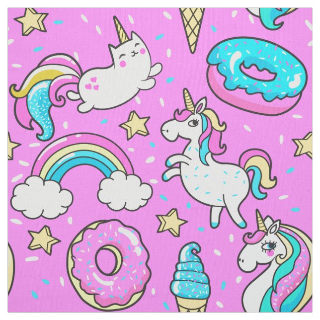Pink Kitschy glittery funny unicorn and kitty Fabric (Swatch)