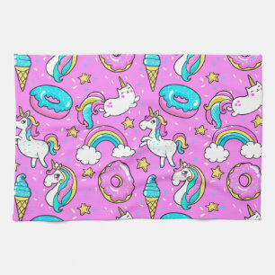 Pink Kitschy glittery funny unicorn and kitty Tea Towel