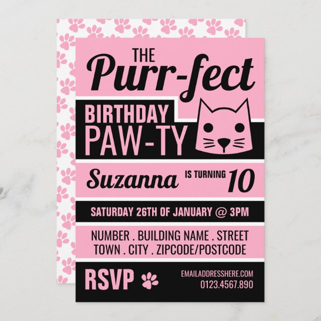 Pink Kitten Birthday Party Invitation (Front/Back)