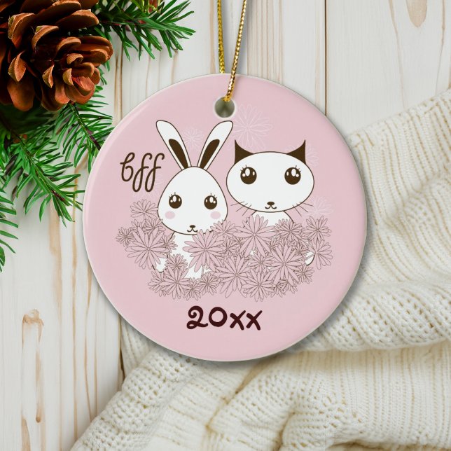 Pink Kitten Bunny Animal Friends Kids Christmas Ceramic Ornament (Creator Uploaded)