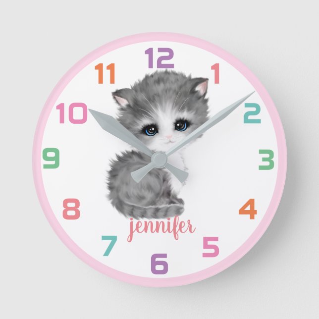 Pink Kitten Cat Colourful Kids Wall Clock (Front)